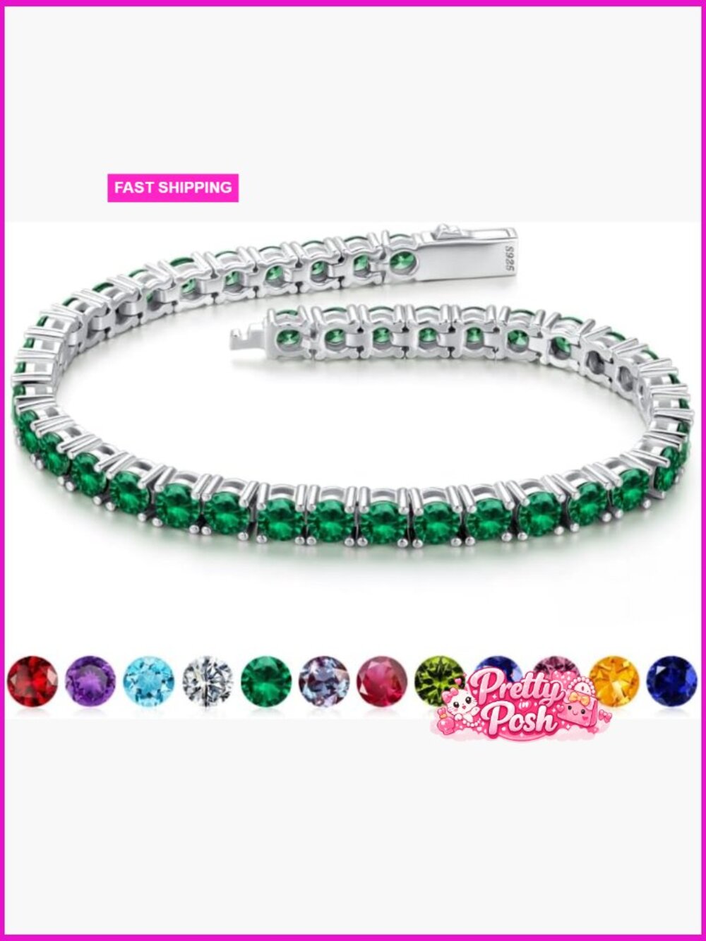 Sterling Silver Birthstone Tennis Bracelet, Push Button Clasp, 6.5-7.5 in